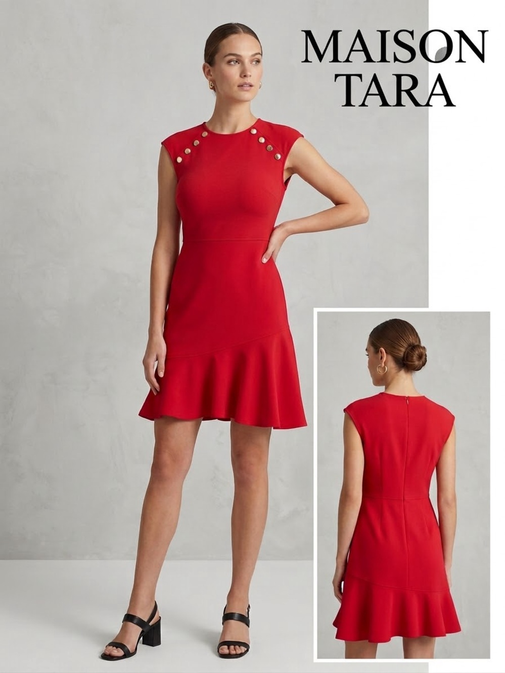 Maison Tara Red Gold Military Button Flounce Hem Dress - Size 4